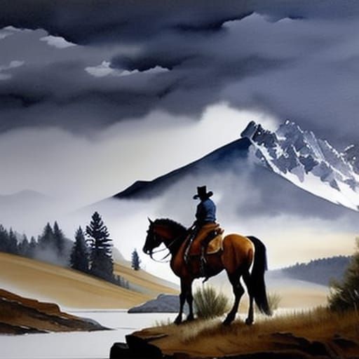 Cowboy on Palomino Horse Watercolor Painting