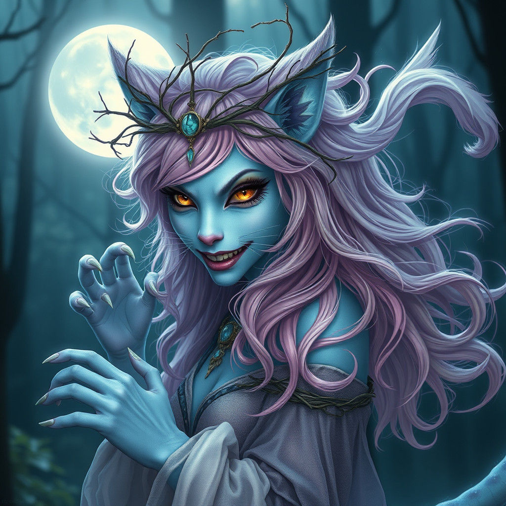 Mystical Feline Witch-Woman in Moonlit Forest