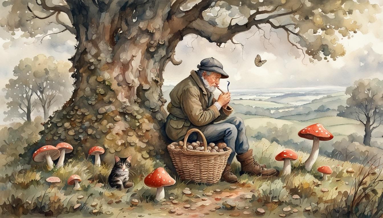 Mushroom Picker Resting in Rainy Moorland, Watercolor