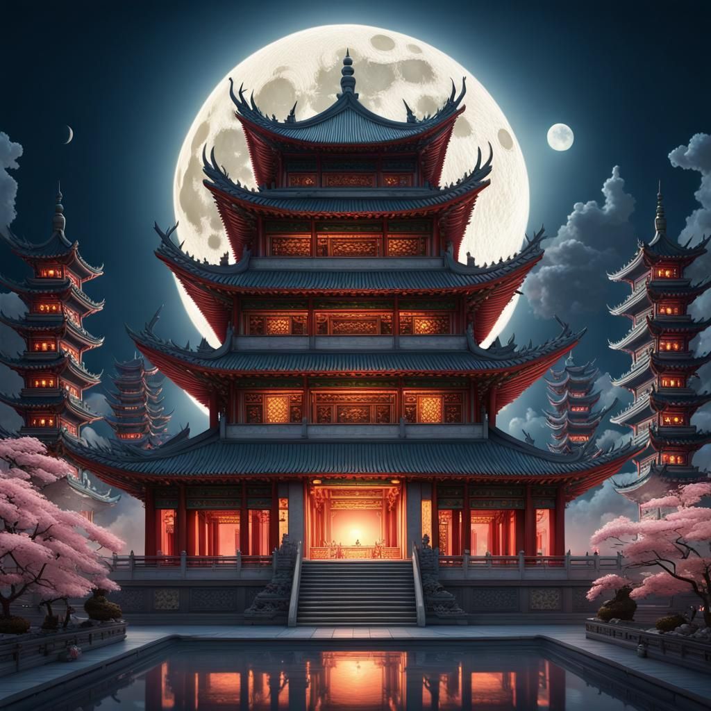 A majestic Chinese temple stands tall in a utopian city