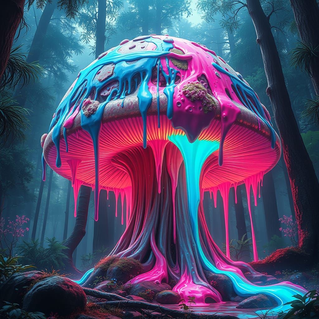 Surreal Mushroom with Living Canvas in Digital Art Style