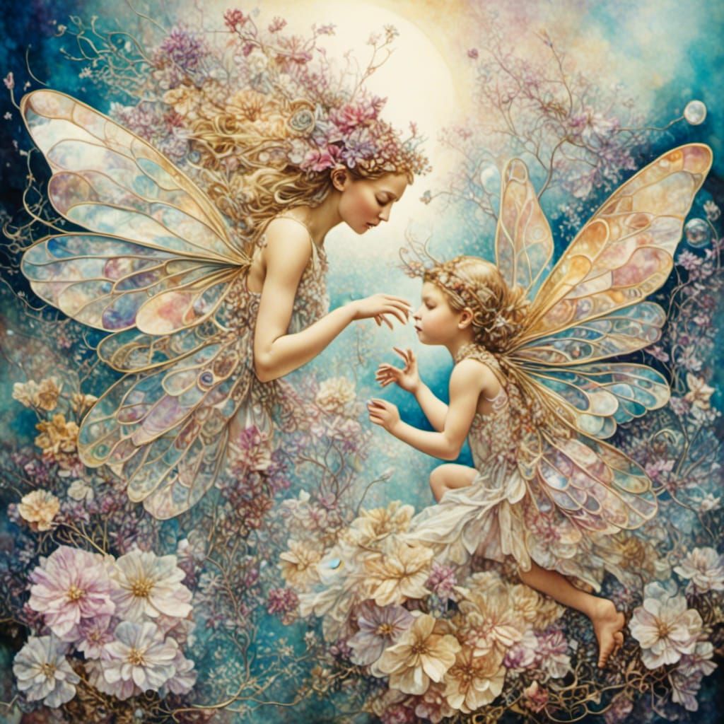 Crystal Fairies in Iridescent Whimsical Landscape