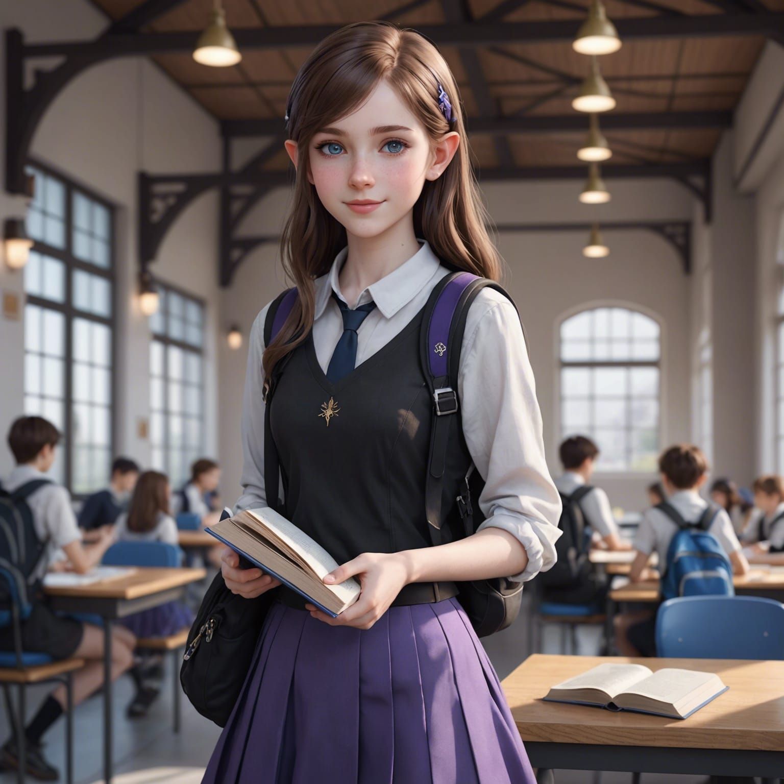 Anime Style Fairy Elf Student with Backpack