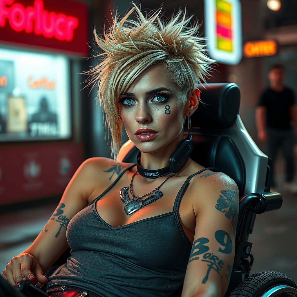 Blonde Punk Woman in Electric Wheelchair with 8 Tattoo, Cybe...
