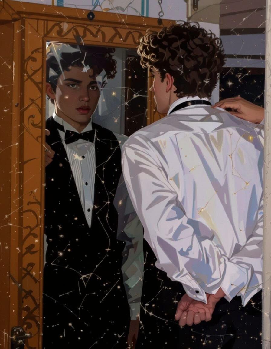 Teen Boy Adjusts Vest for Prom in Concept Art