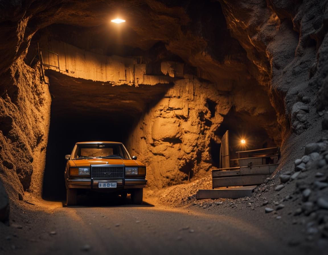 Car in a unknown mine shaft.