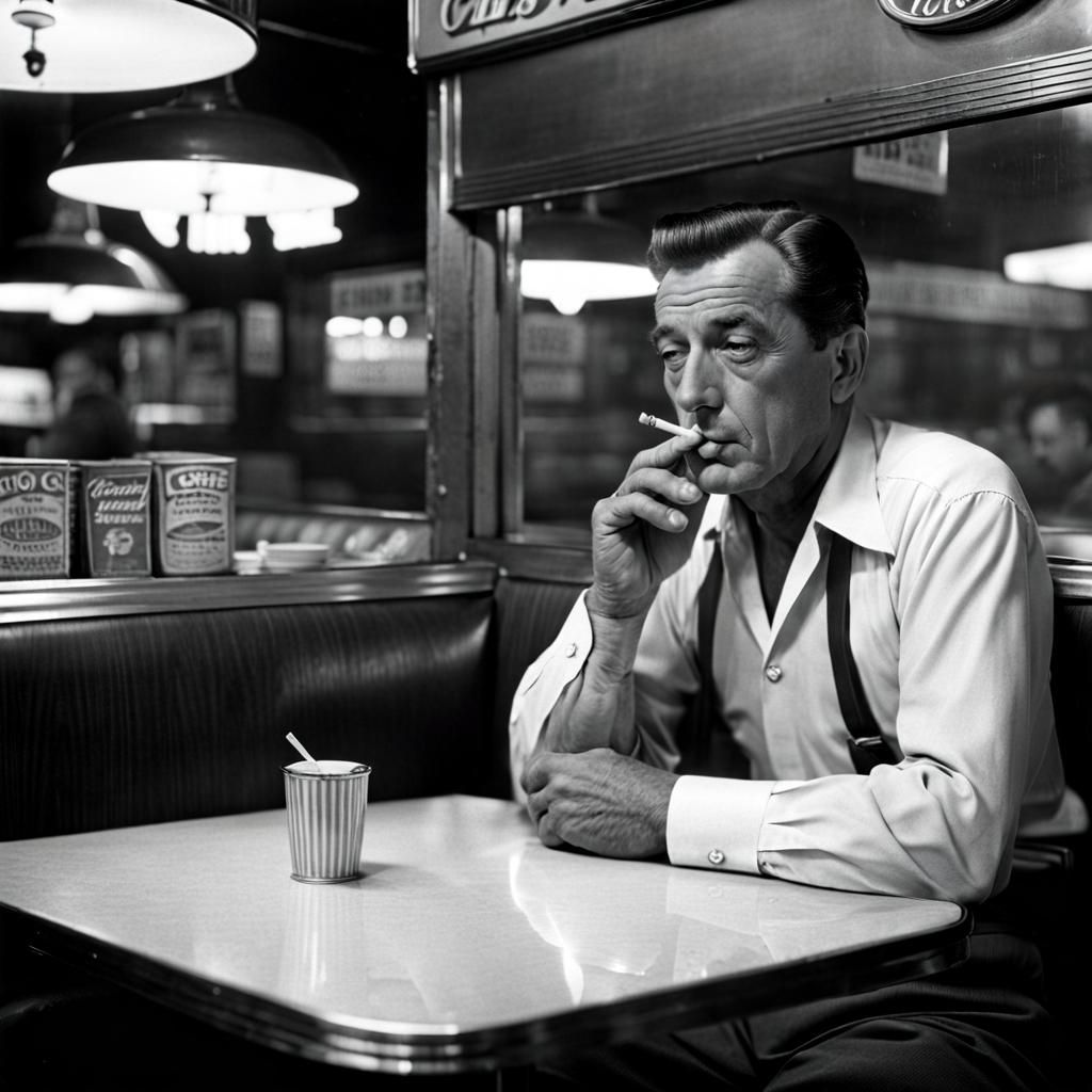 1950s Diner Scene: Man Smoking, Black and White Photo