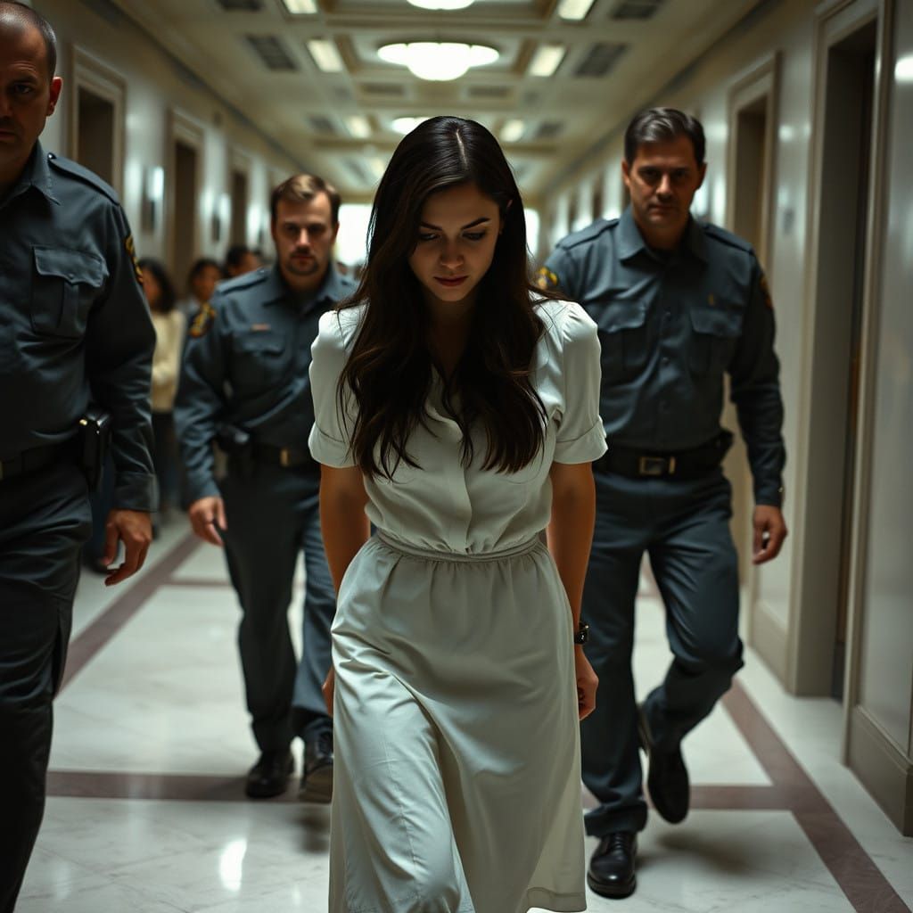 Defeated Maiden in Handcuffs, Flanked by Imposing Guards, in...