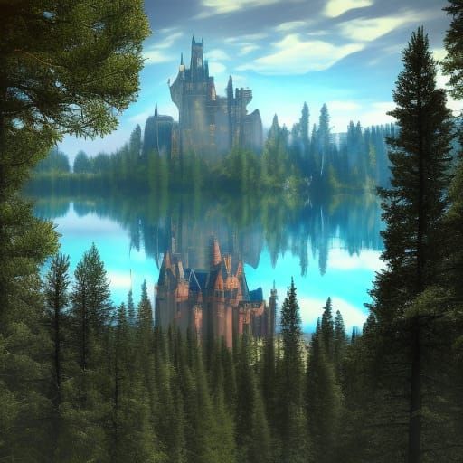 Gothic Castle and Crimson Forest in Summer Sunlight