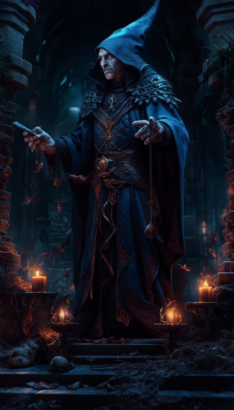 Crazed Warlock Conjuring Dark Magic in Tower