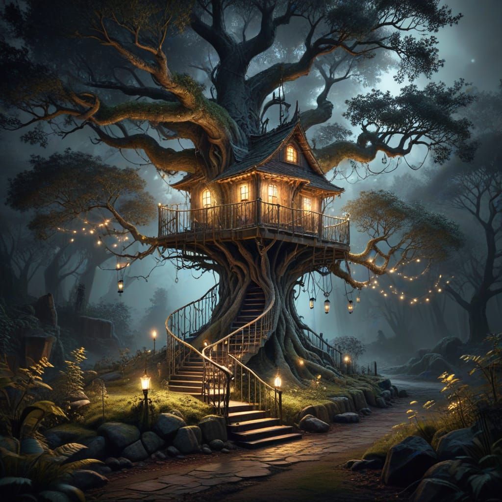 Majestic Treehouse Amidst Gnarled Branches and Twisted Roots