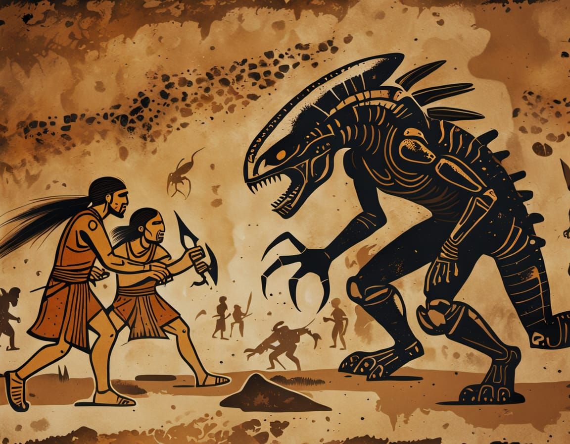 Neolithic Humans Fight Xenomorph in Cave Painting