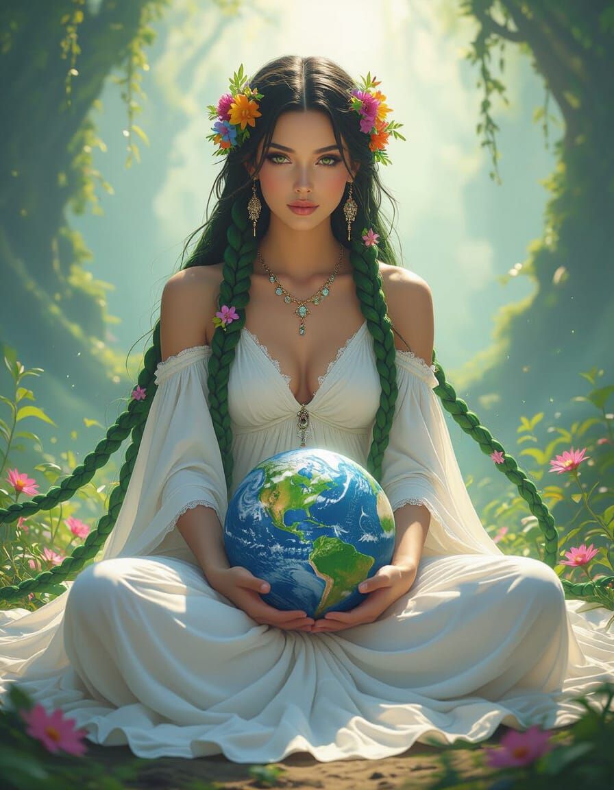 Goddess Gaia Cradling Earth in Ethereal Space