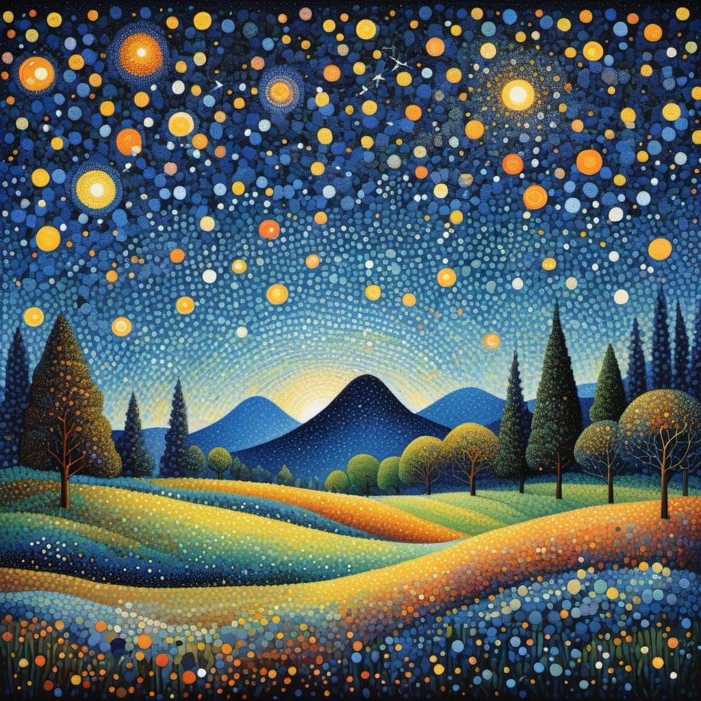 Fantastical Starry Night Landscape in Pointillist Style