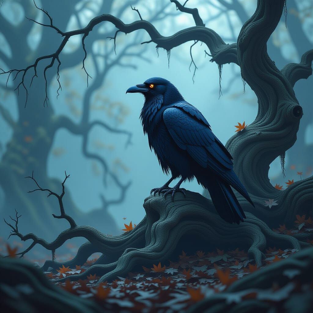 Ethereal Raven in Misty Forest: Dark Fantasy Concept Art