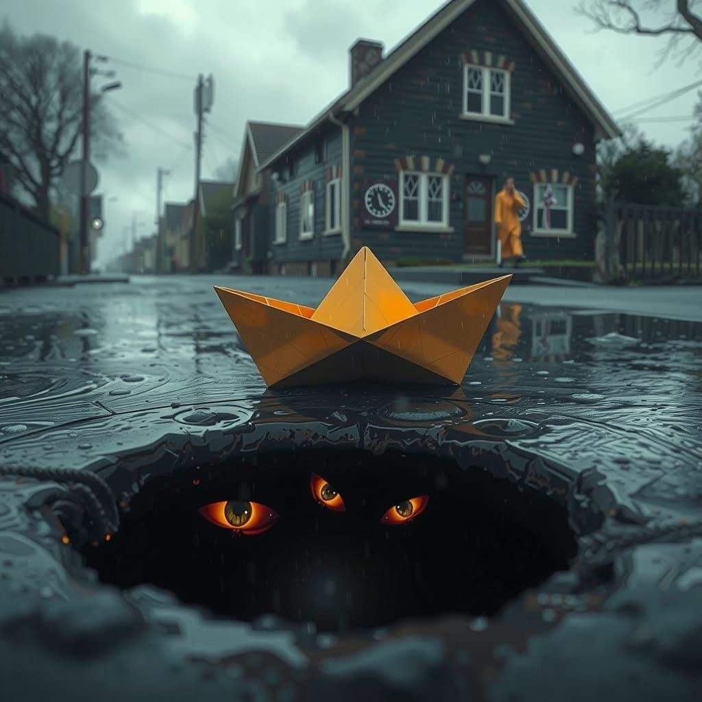 Eerie Paper Boat Scene: Gothic Horror Art