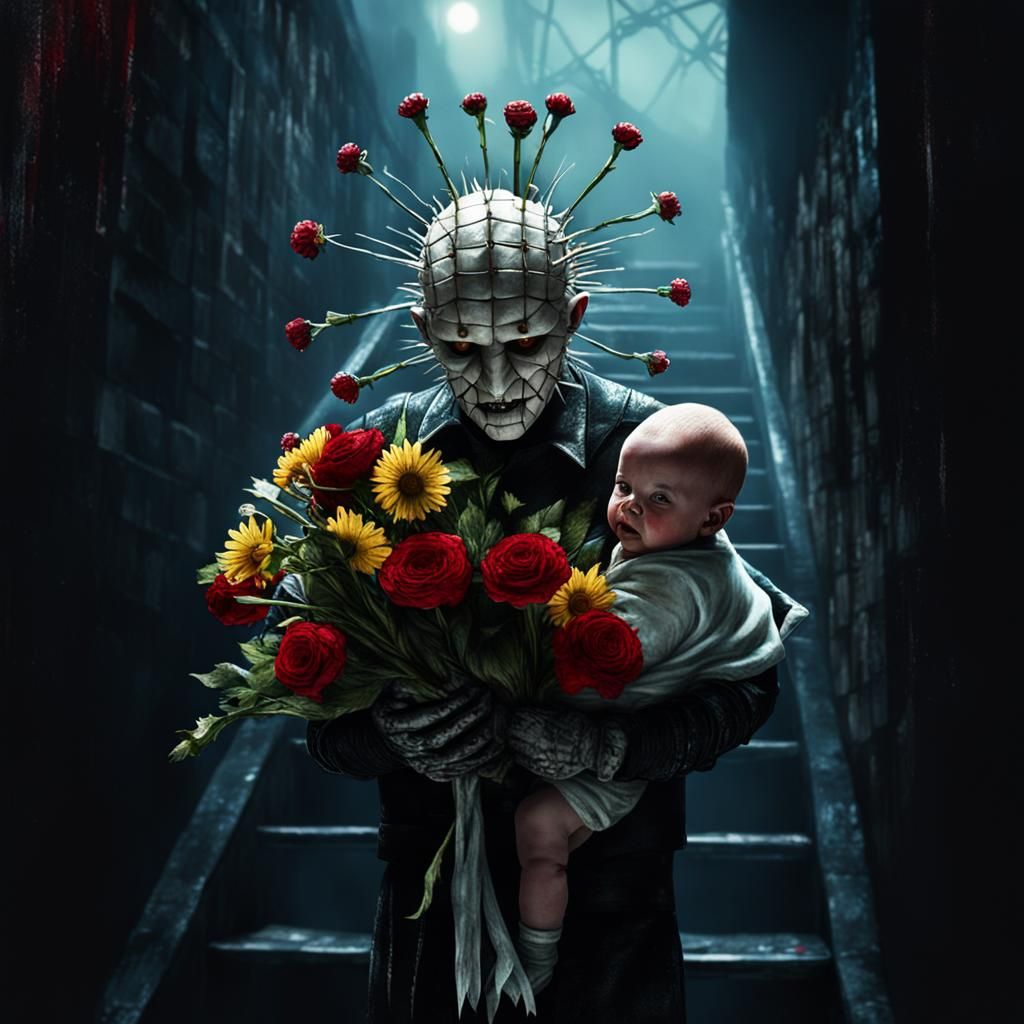 Surreal Pinhead Carries Flowers in Mixed Media