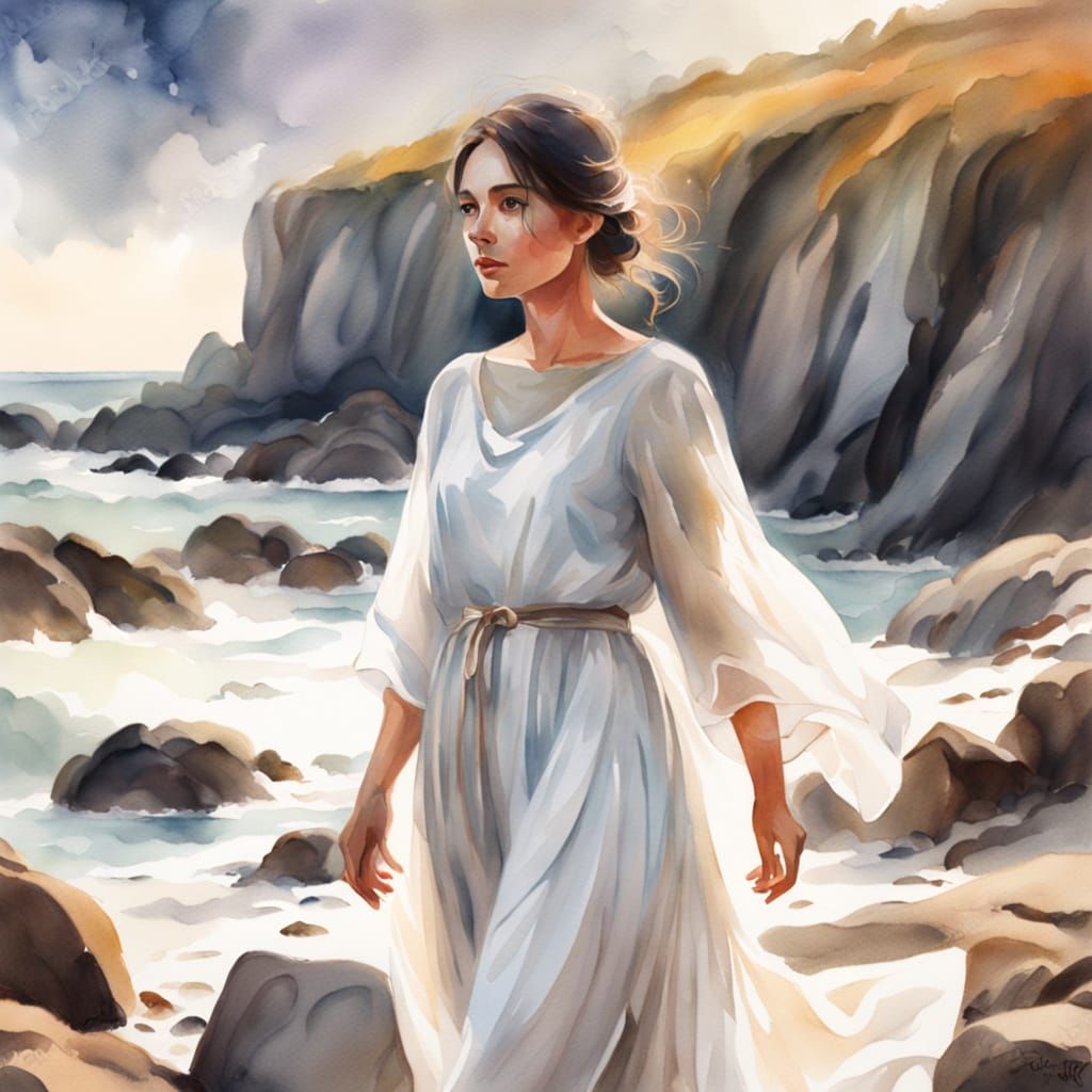 Woman in Flowing White on Rocky Coastline Watercolor Masterp...