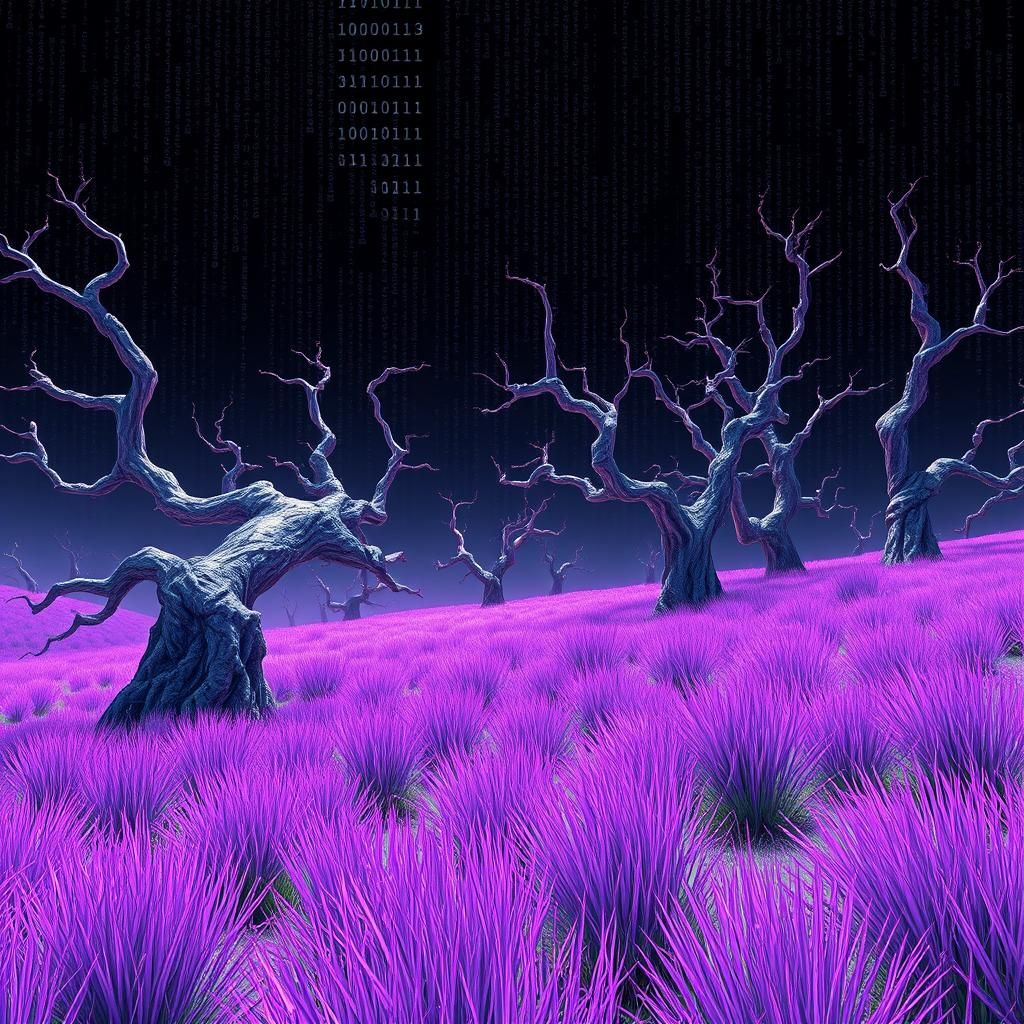 Futuristic Glitch Grassland with Binary Sky