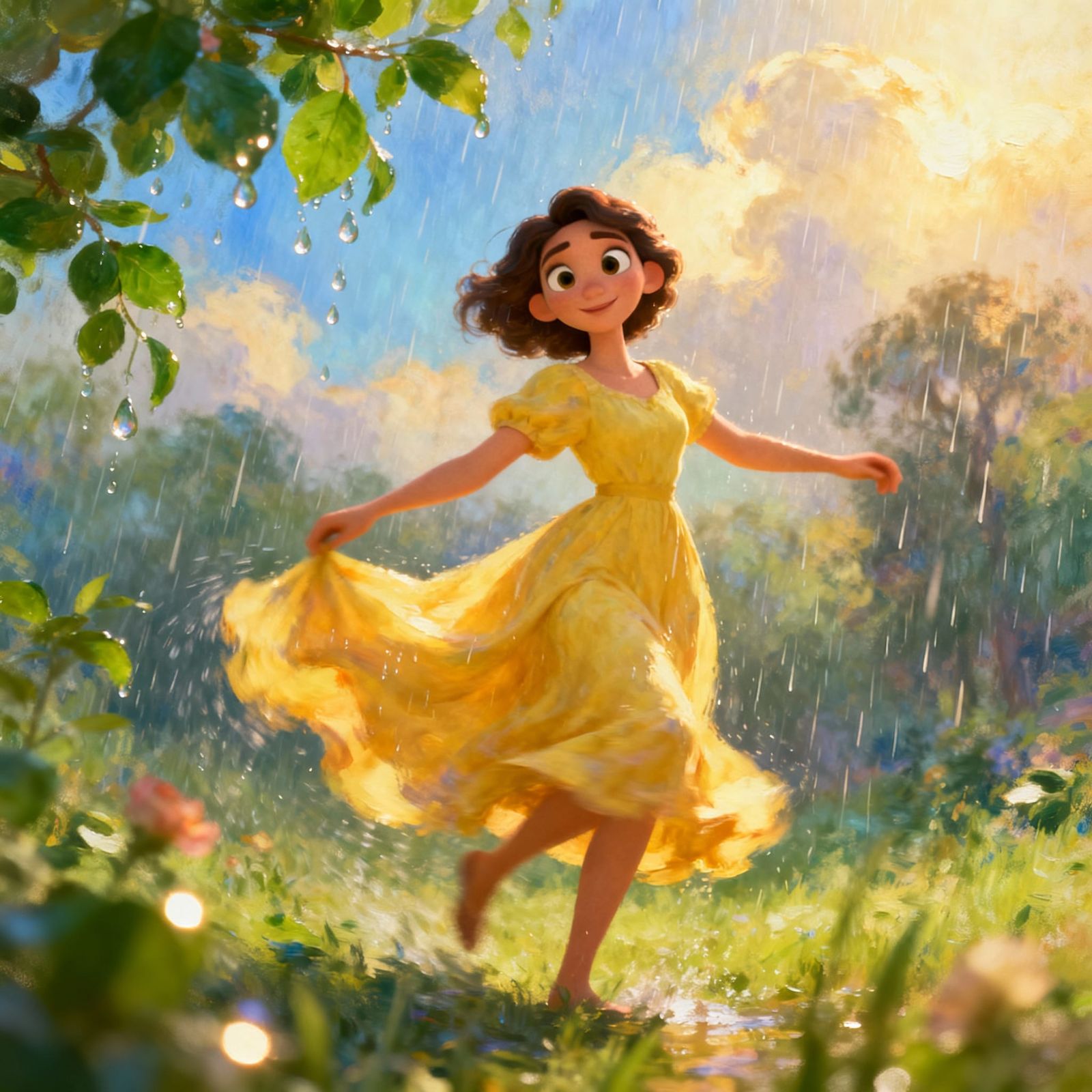 Woman Twirling in Summer Rain, 3D Cartoon Style