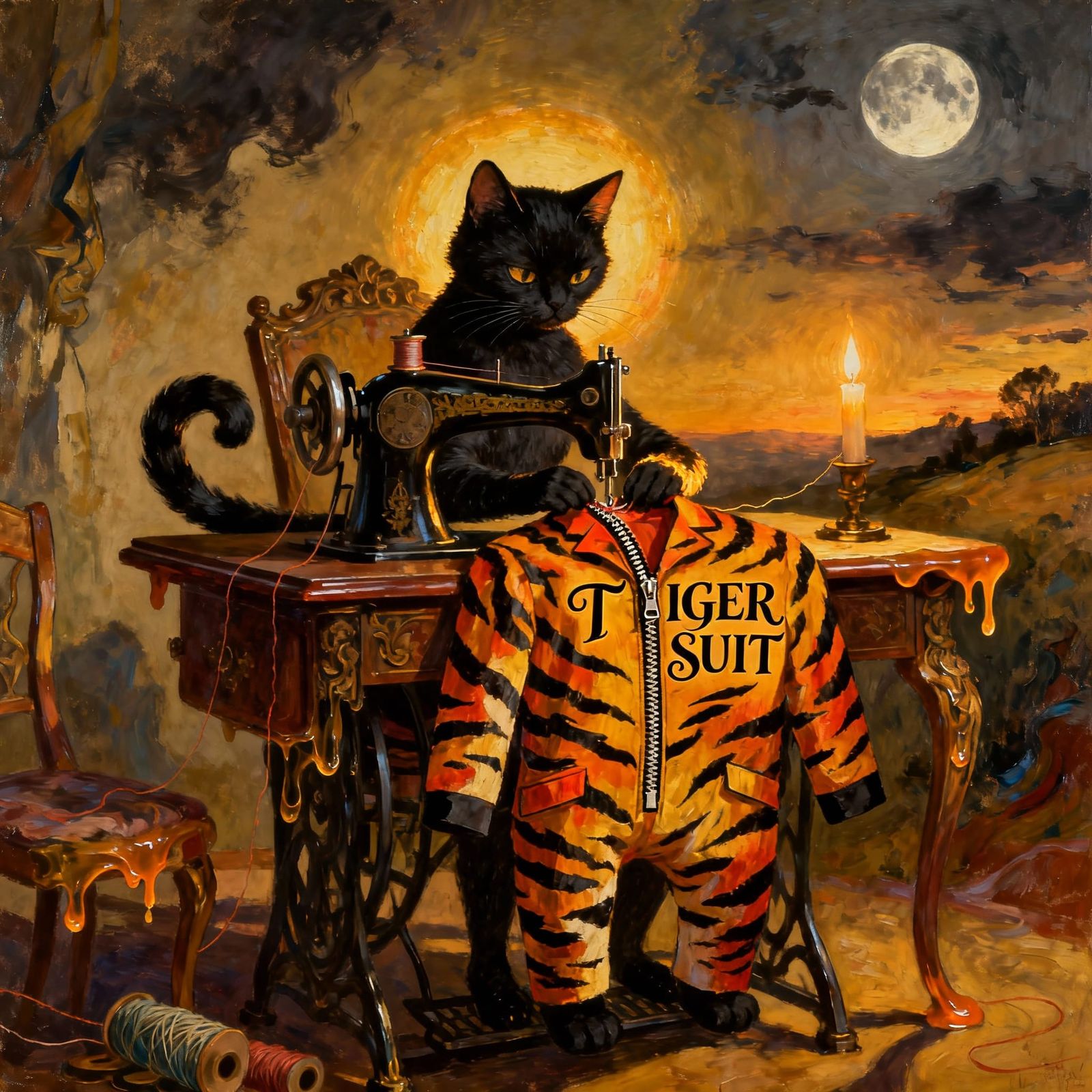 Regal Cat Sewing Tiger Suit with Dreamlike Distorted Geometr...