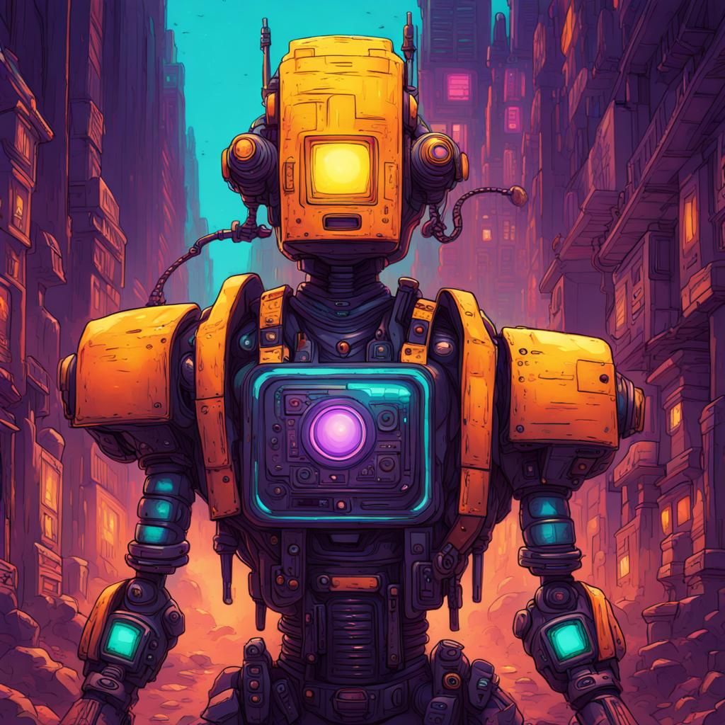 Cyberpunk Robot in Dystopian Sci-Fi Landscape