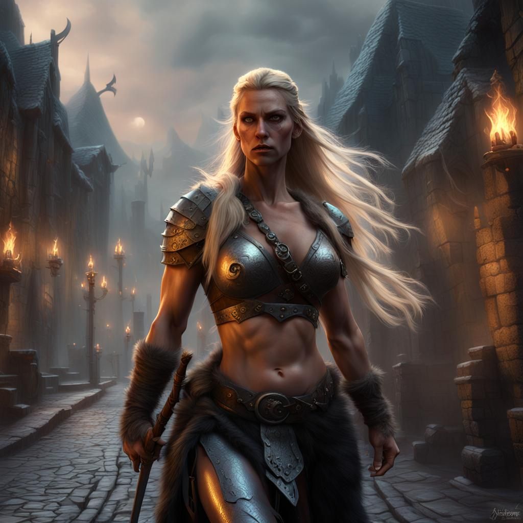 Blonde Barbarian in Medieval City, Fantasy Art