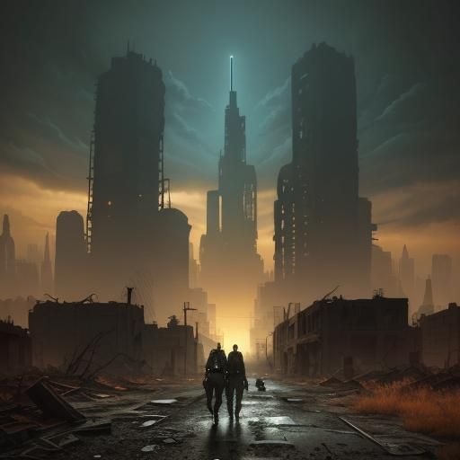 Post-Nuclear Wanderer with Dog in Ruins