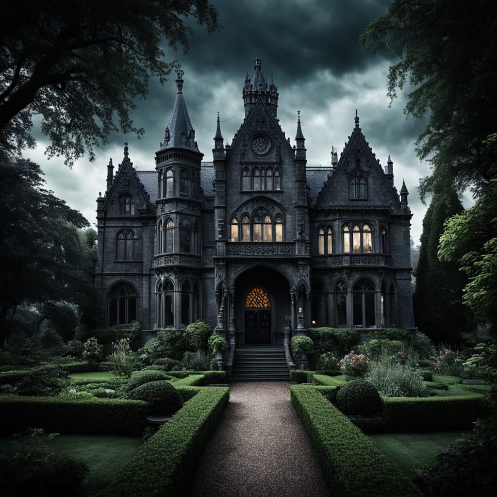 Dark Gothic Mansion Over Romantic Garden