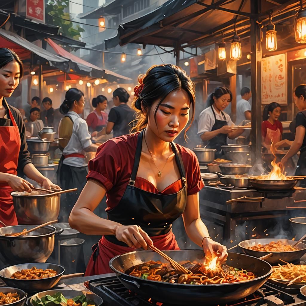Southeast Asian Street Food Scene in Digital Painting