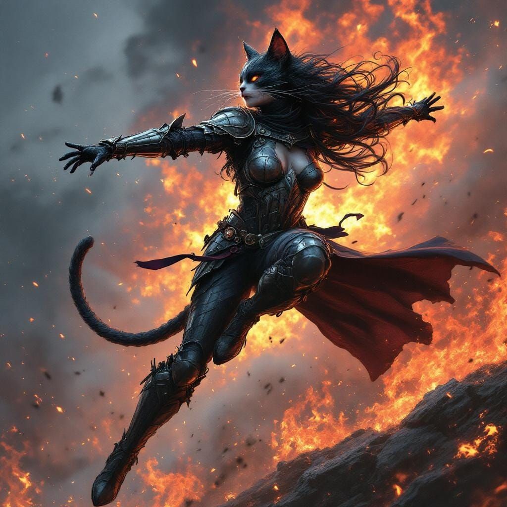 Armored Catwoman Leaping Through Flames