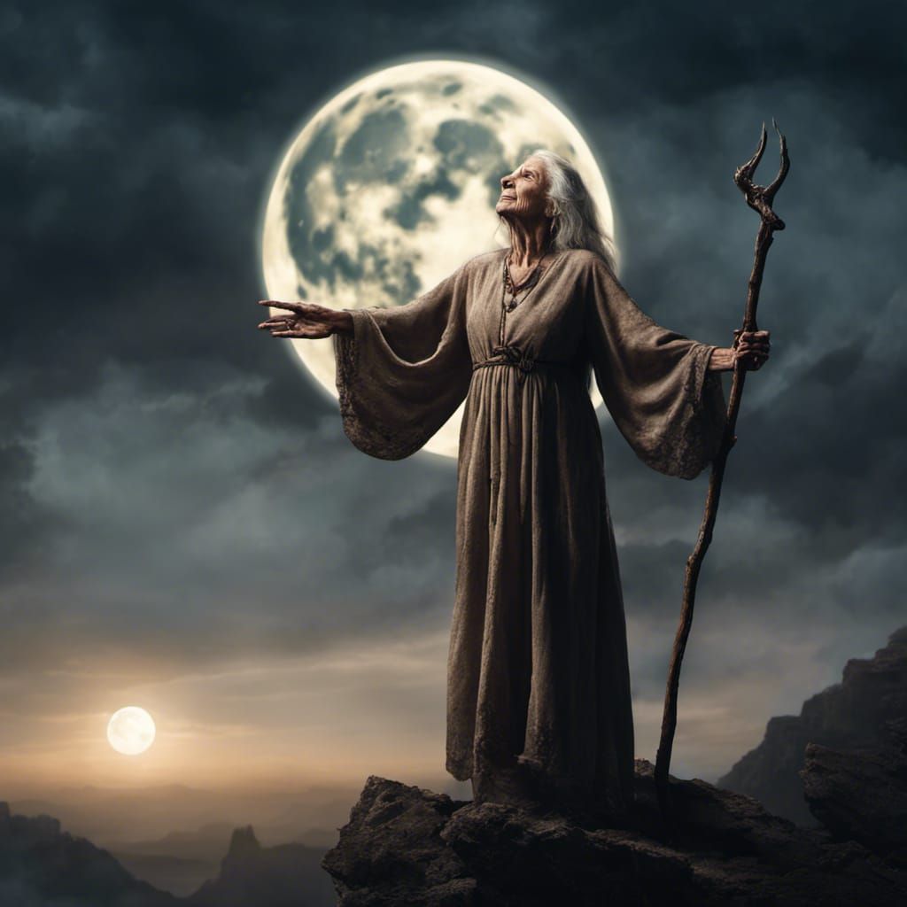 Old Woman on Cliffside Under Moonlit Sky
