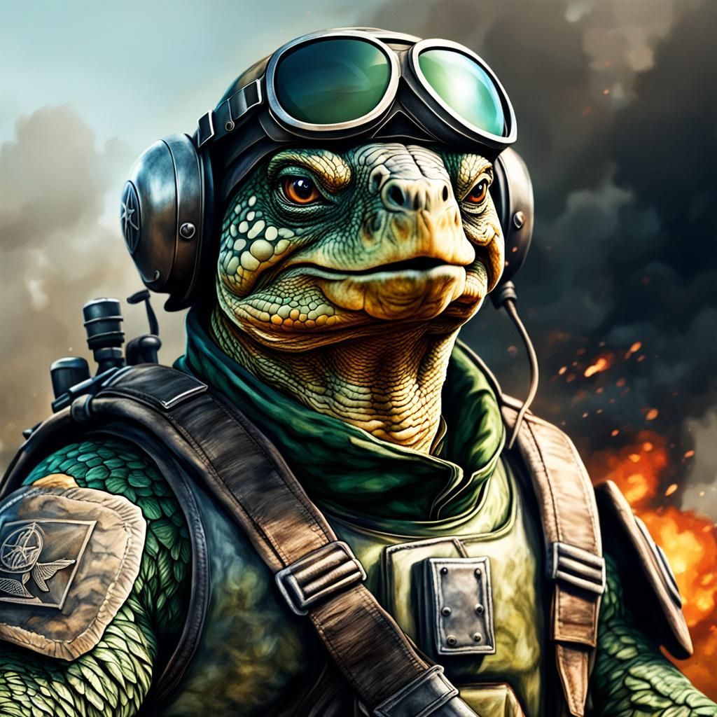 Anthropomorphic Turtle Fighter Pilot in War