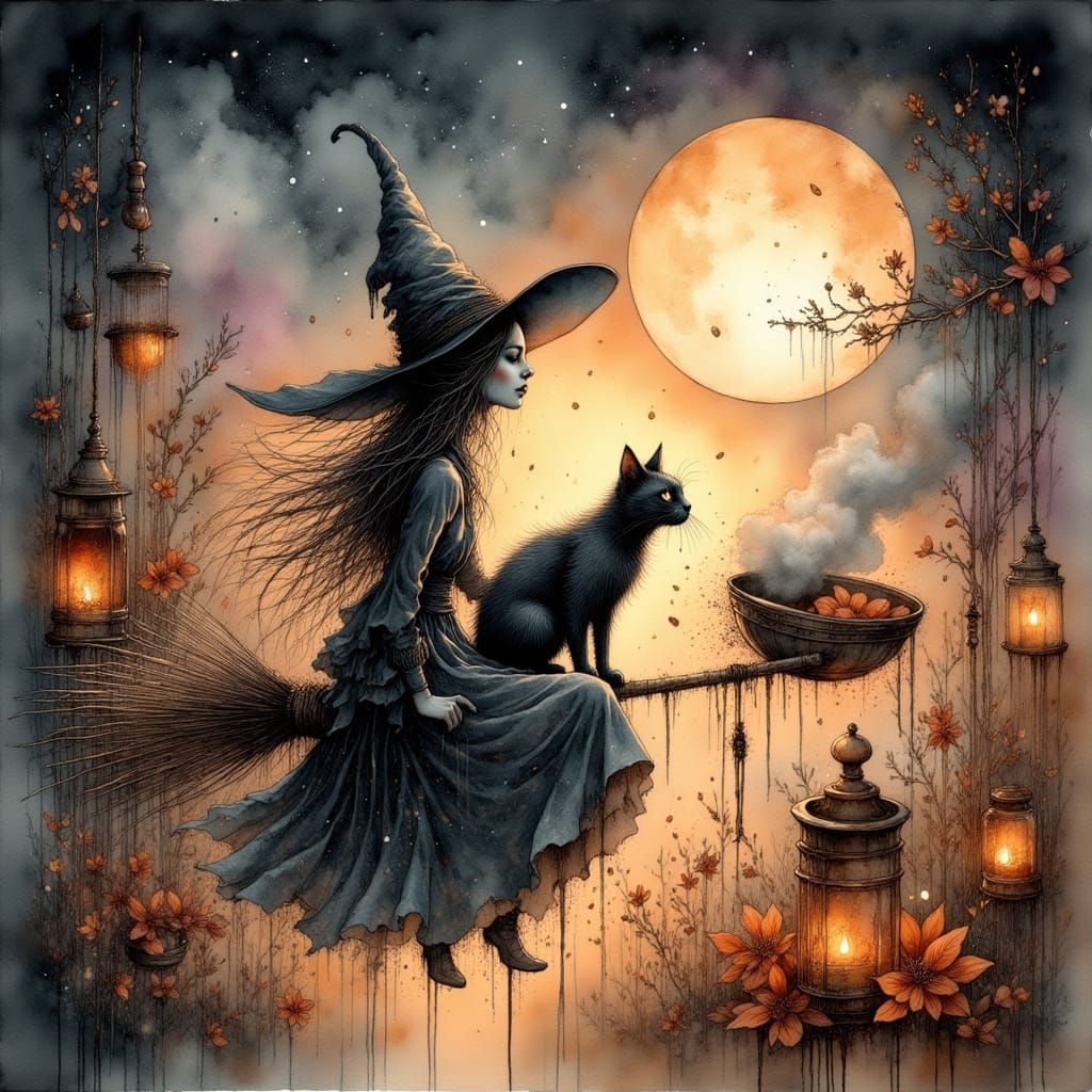 Witch Flying Broom with Black Cat in Moonlit Gouache Style