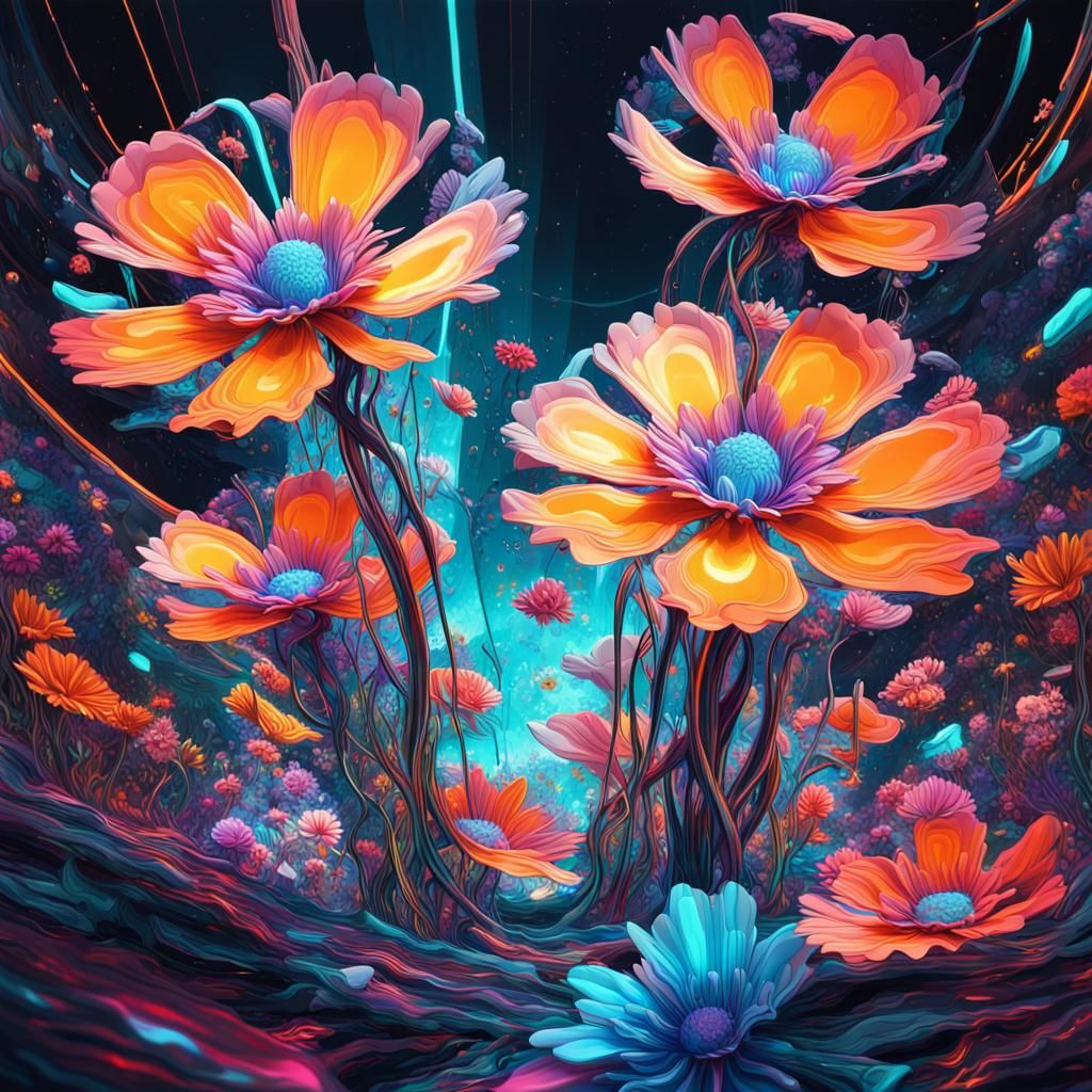 Surreal Abstract Flowers in Digital Cyberpunk Art