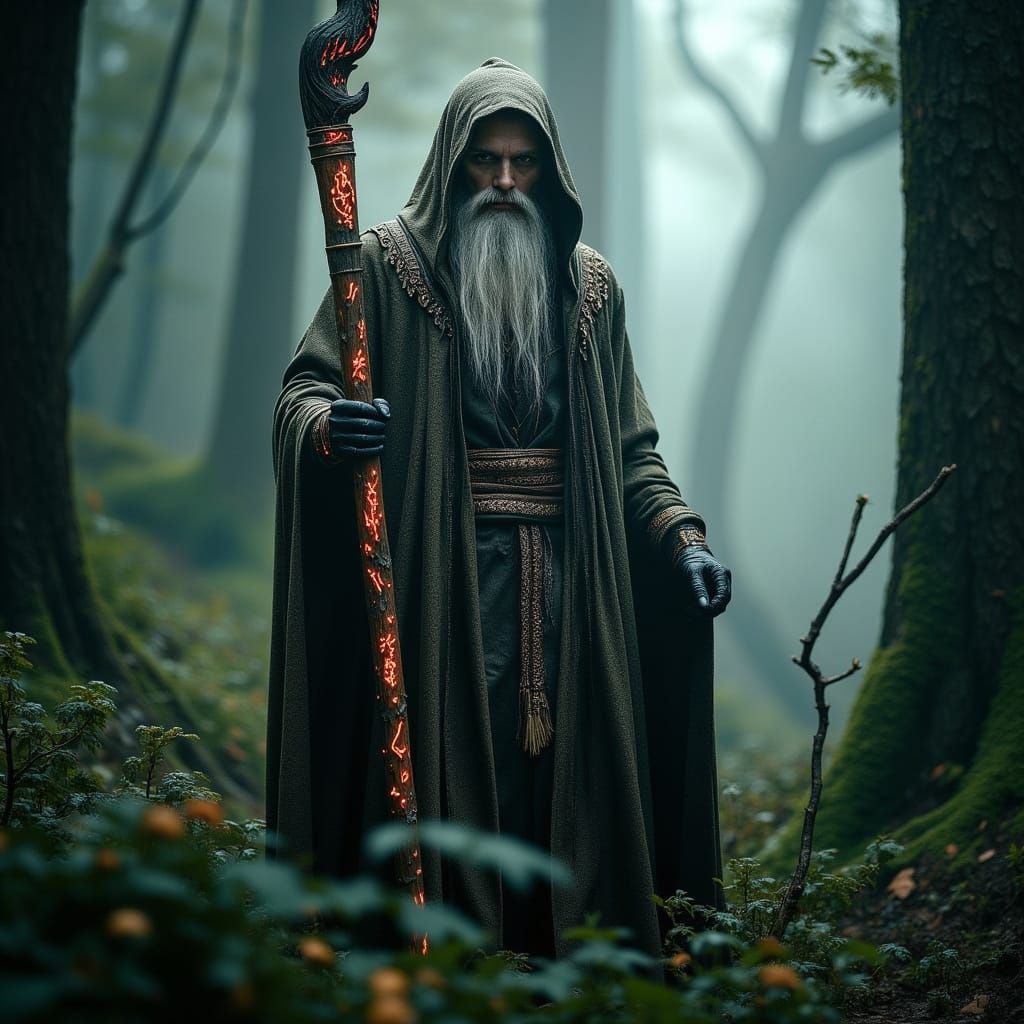 Mysterious Wizard in Dark Forest