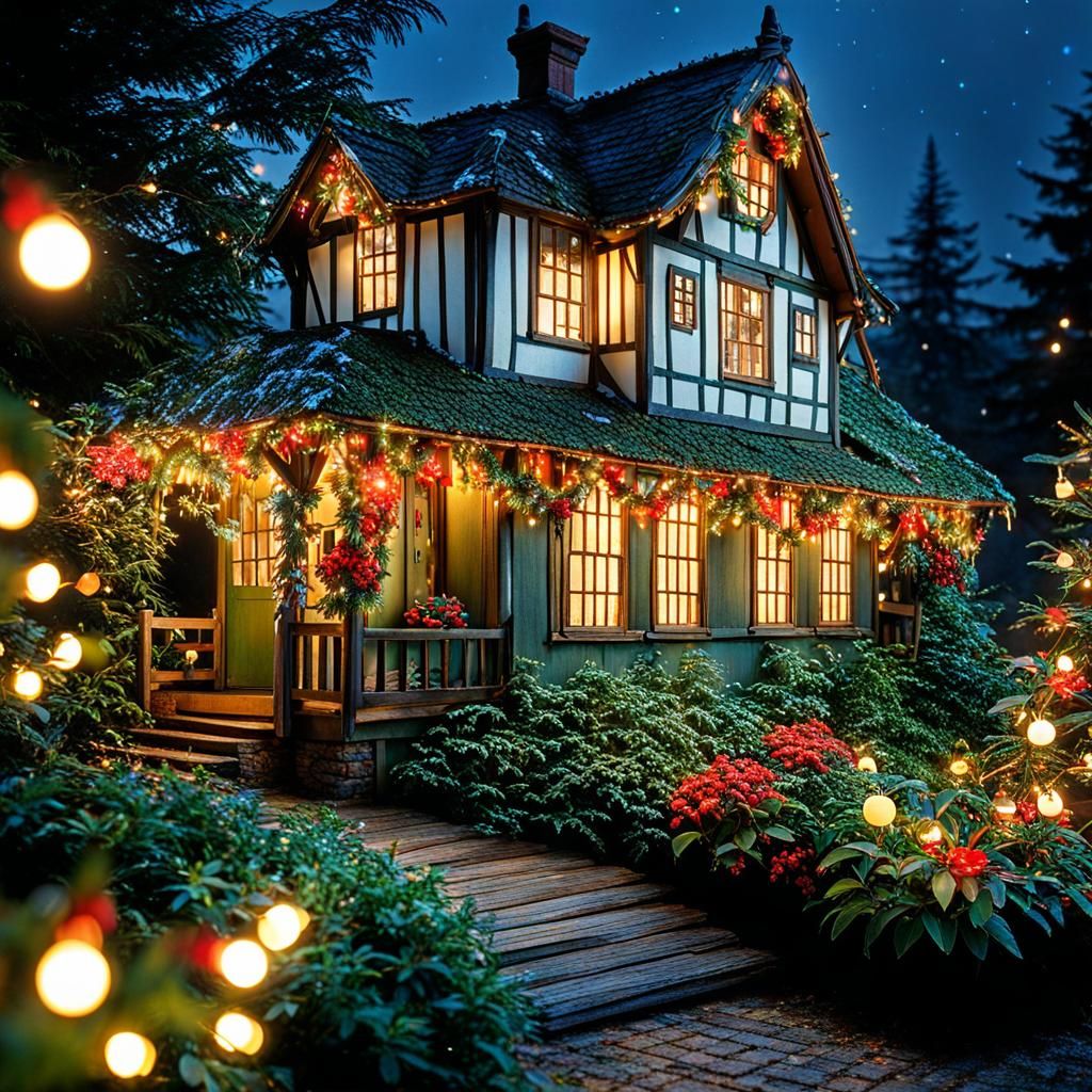 Whimsical Christmas House in Watercolor Style