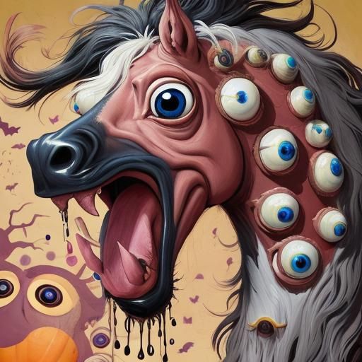 Creepy Horse Painting with Eyeballs, Lowbrow Art