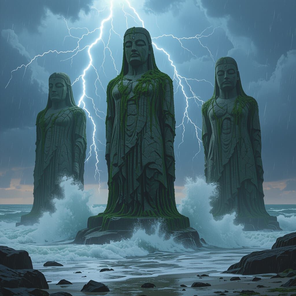 Giant Stone Gods Emerge from Ocean During Storm