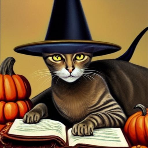 Cat in Witch Hat Reading Books, Oil Painting