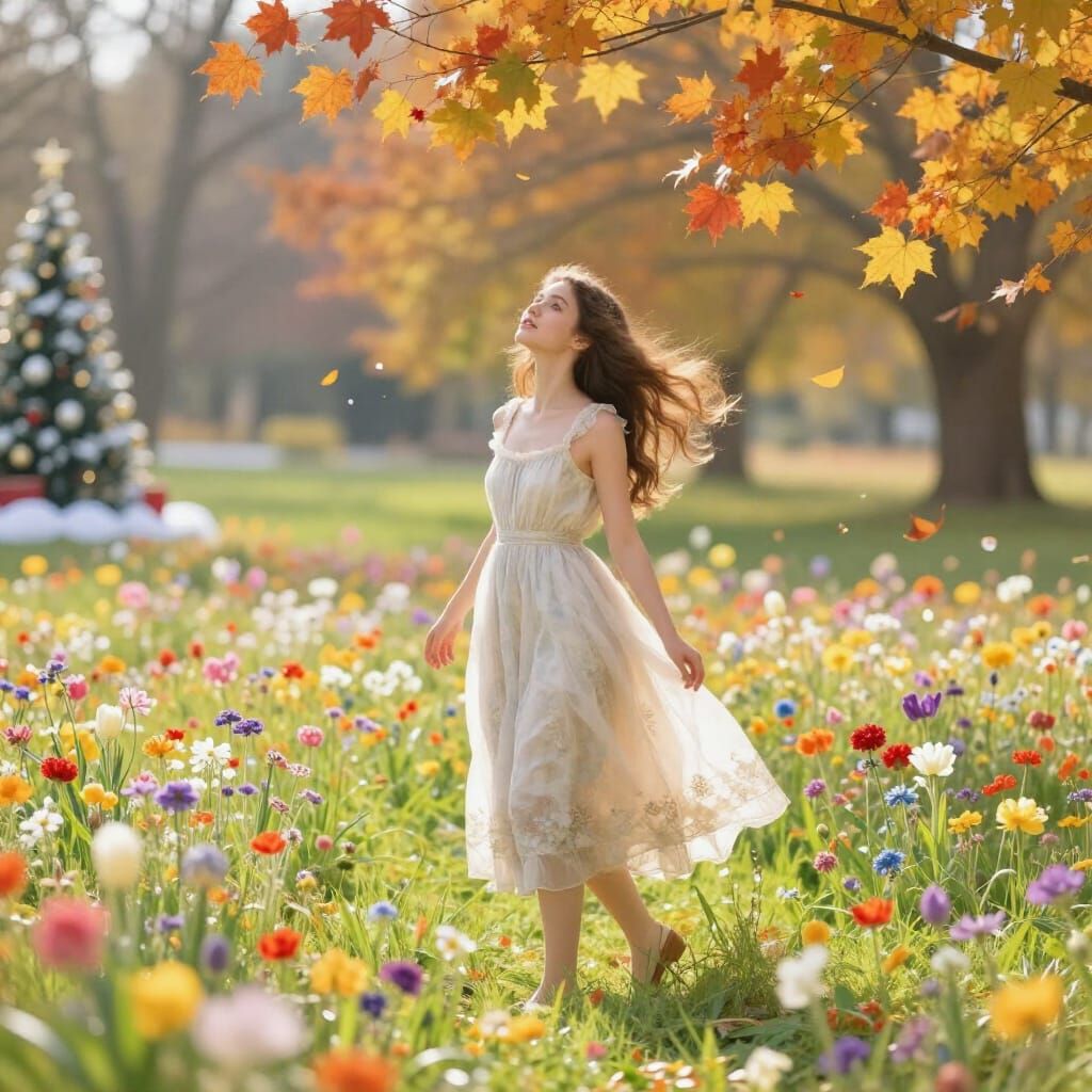 Girl in Meadow Blending Four Seasons, Painterly Style
