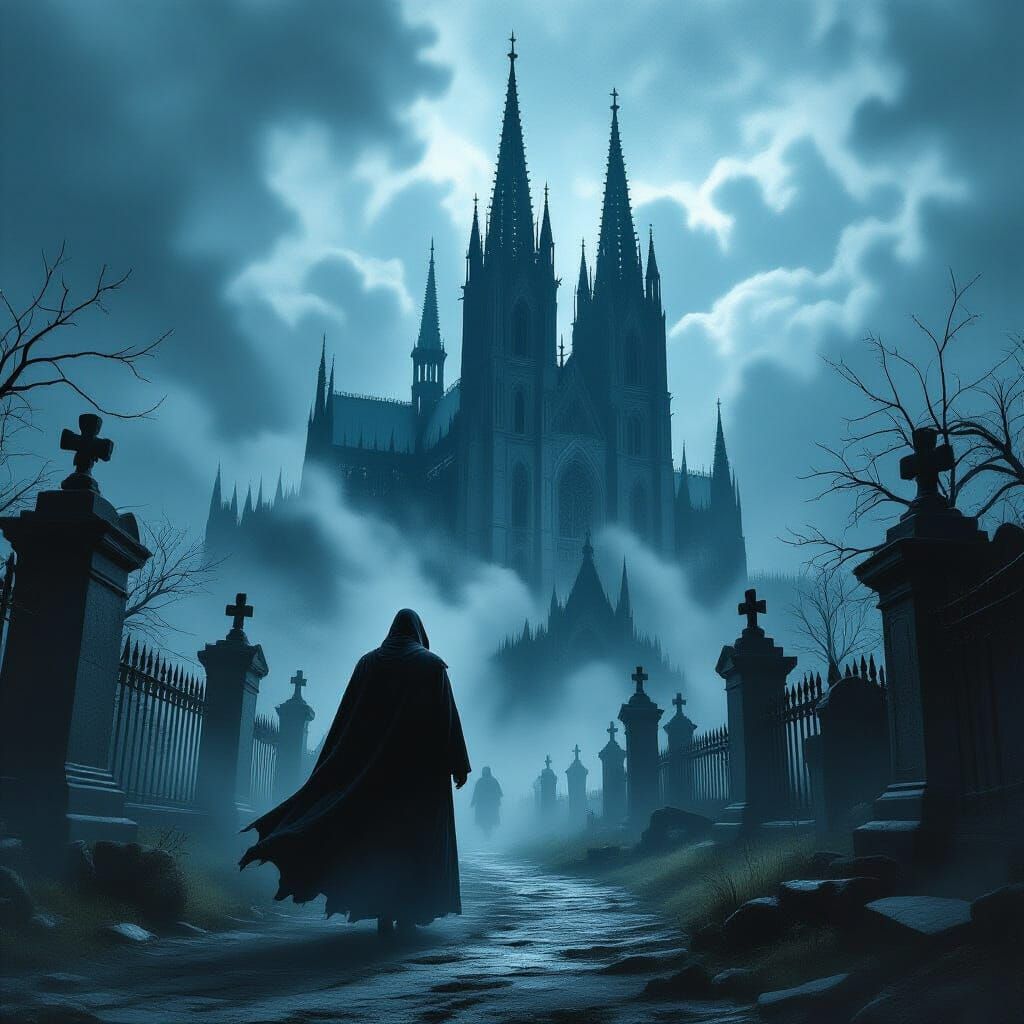 Dark Figure in Misty Graveyard with Gothic Cathedral