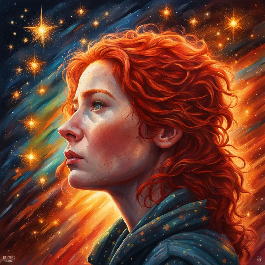 Fiery Redhead Contemplates Starry Sky: Hyperrealistic Portra...
