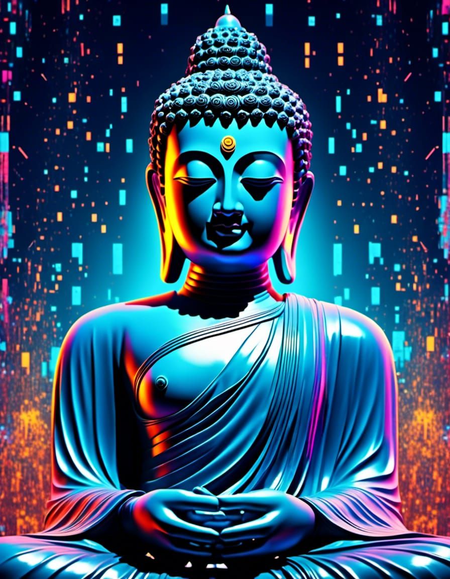 Glitch Art Akshobhya Buddha in Neon Blue