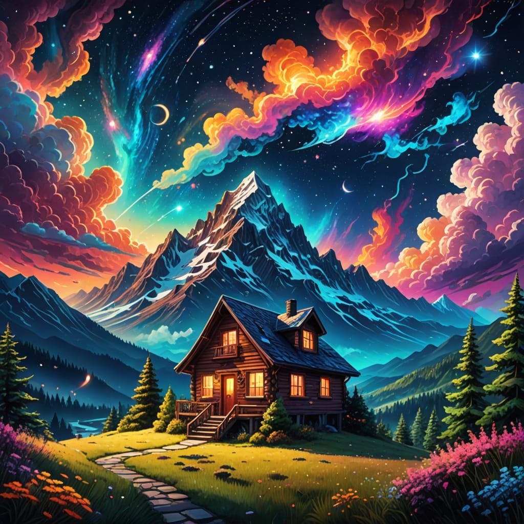 Cosmic Cottage in Space: A Visionary Illustration