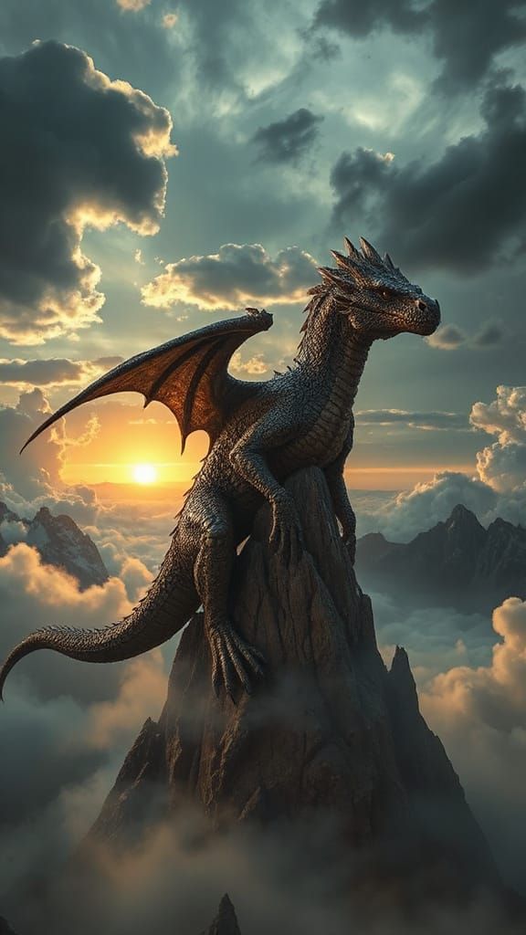 Ancient Dragon Perched on Mountain Spire