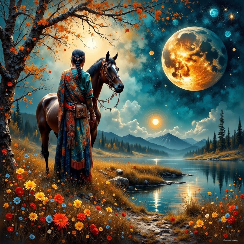 Native American Chief Rides into Sunset in a Vibrant Impasto...