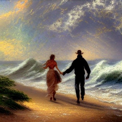 Romantic Beach Walk Under Stormy Skies