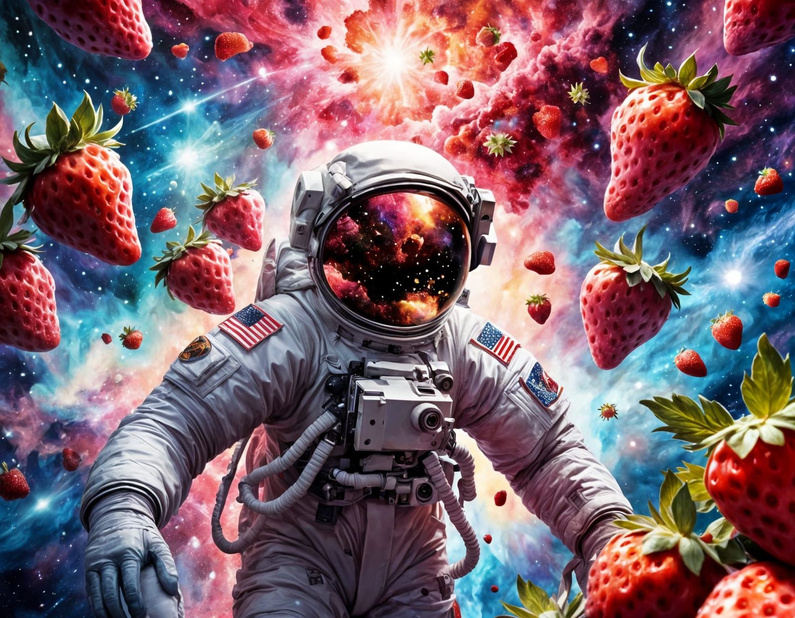 Astronaut in Strawberry Nebula: Hyperrealistic Oil Painting