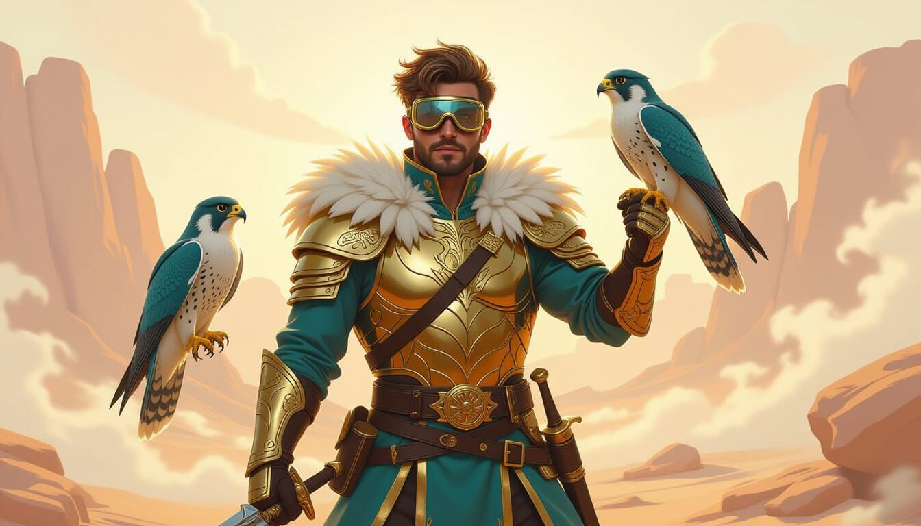 Golden Falconer with Falcon in Luminous Fantasy Mist